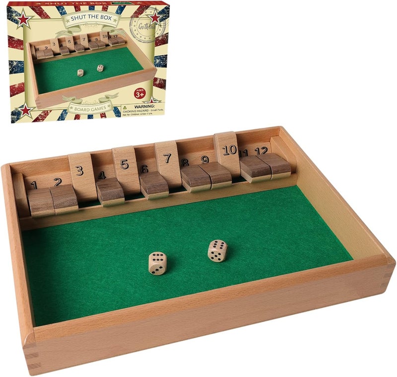 GOTHINK Shut The Box - Table Math Game with 12 Inch Wooden Board for Adults & Kids - 12 Spots Dice Game with 2+ Player Games, Includes 2 Dice, Ideal for Game Night, Travel, Classroom - (Ages 6+) - Image 1